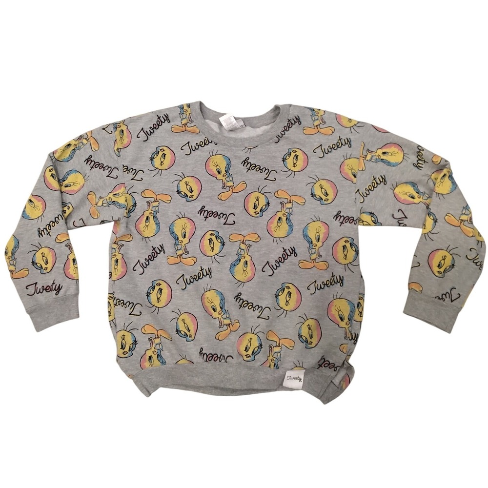 Looney Tunes Tweety Bird All Over Print Gray Sweatshirt Crew Neck Long Sleeve XG